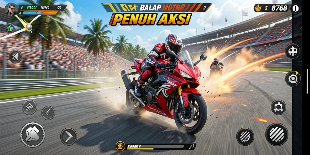 Menampilkan gameplay seru dalam balapan motor 8768.