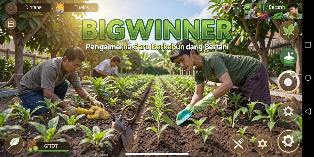 Screenshot gameplay BIGWINNER menampilkan aktivitas berkebun yang menarik dan menyenangkan.