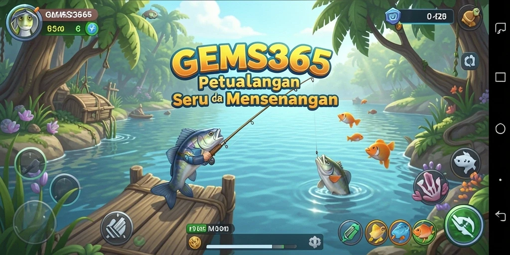 Tampilan menarik dari gameplay GEMS365 saat memancing di lokasi eksotis.
