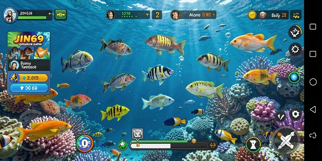 Tampilan gameplay seru JIN69 dengan ikan beragam dan efek menarik.