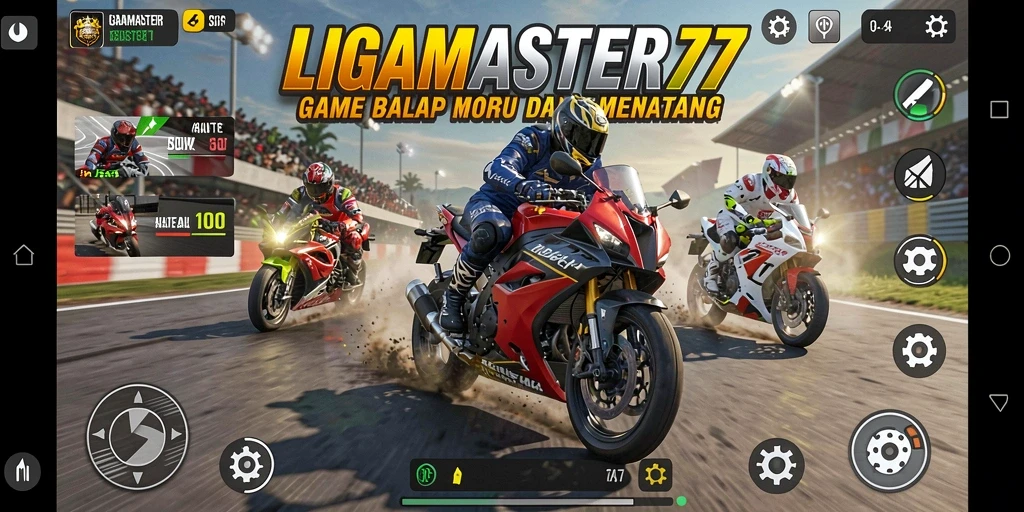 Screenshot menampilkan aksi balap motor seru di LIGAMASTER77.