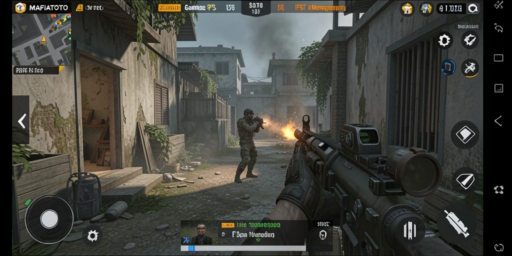Gameplay MAFIATOTO menunjukkan aksi menegangkan di medan perang.