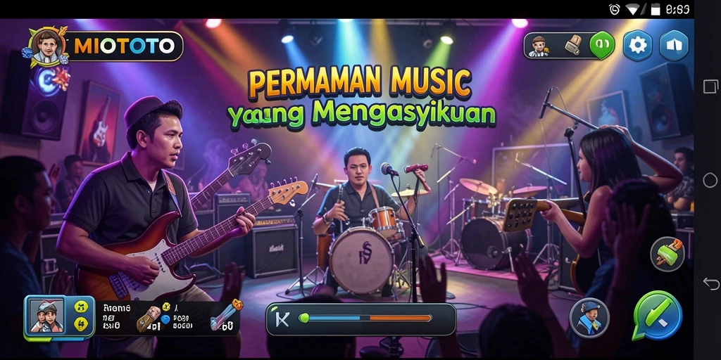 Screenshot gameplay MIOTOTO menampilkan pemain yang bermain lagu dengan alat musik.