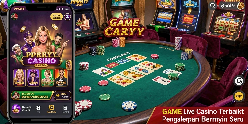 Screenshot gameplay PPRRYY menampilkan dealer langsung dan suasana kasino yang nyata.