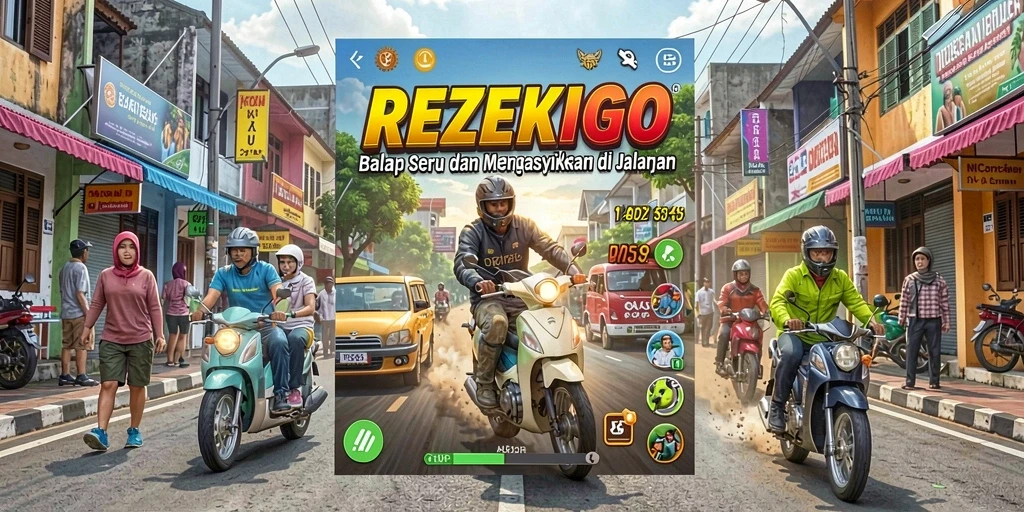 Screenshot utama REZEKIGO menampilkan aksi balapan yang mendebarkan.