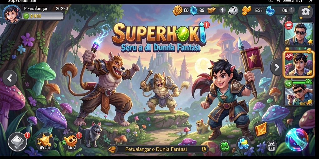 Tampilan utama SUPERHOKI menampilkan karakter dalam misi petualangan yang seru.